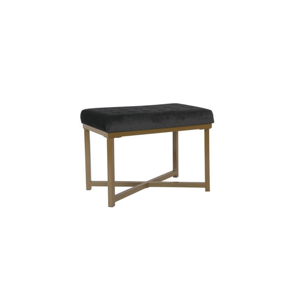 Boldly Bohemian 16" x 24" x 17.5" Black Velvet Ottoman with Button Tufted Seat and Gold Metal X Base Frame with Floor Pads