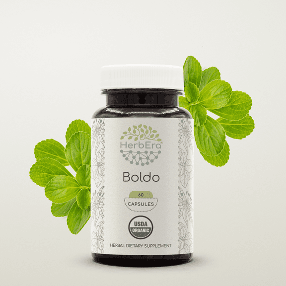 HerbEra Boldo Capsules, Organic Herbal Dietary Supplement for Liver Support, Certified Organic Boldo (Peumus boldus) Dried Leaf Capsules, Natural, 60 Capsules