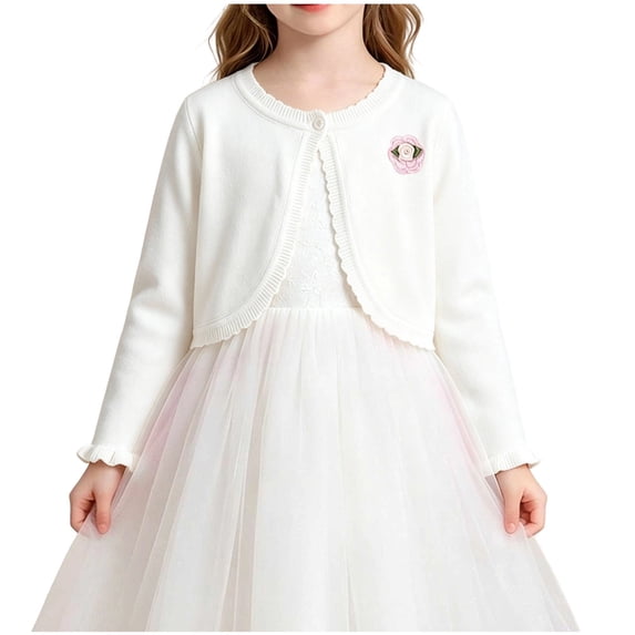 Bolero Shrug Cardigan For Girls Long Sleeve Button Down Cropped Sweater Cute Casual Fashion Knitted Jackets (2-3 Years, White)