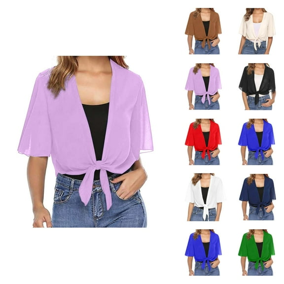 Bolero Shrug Cardigans for Women 2025 Lightweight Short Sleeve Tie Front Sheer Chiffon Cropped Cardigan