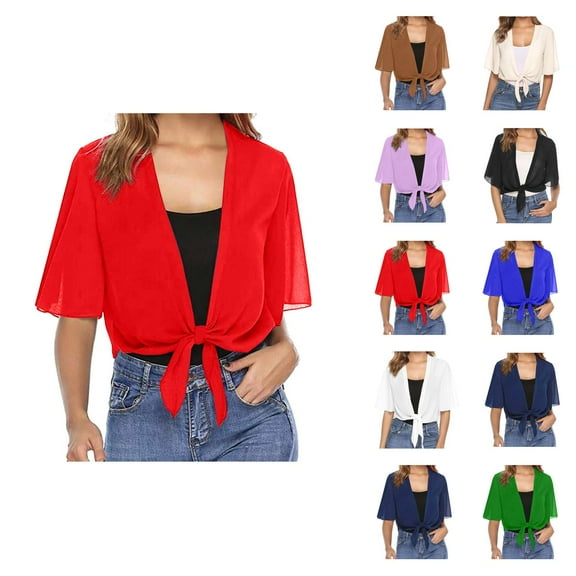 Bolero Shrug Cardigans for Women 2025 Lightweight Short Sleeve Tie Front Sheer Chiffon Cropped Cardigan