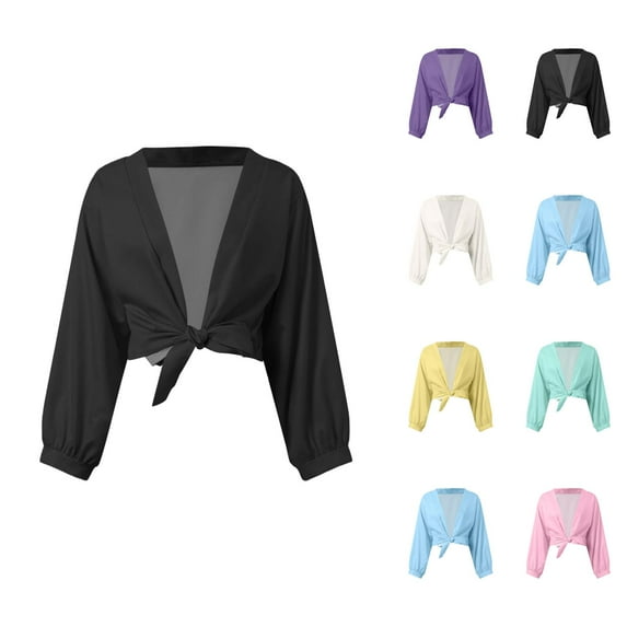 Bolero Shrug Cardigans for Women 2025 Lightweight Summer Long Sleeve V Neck Tie Front Boho Cropped Cardigan Cover Up