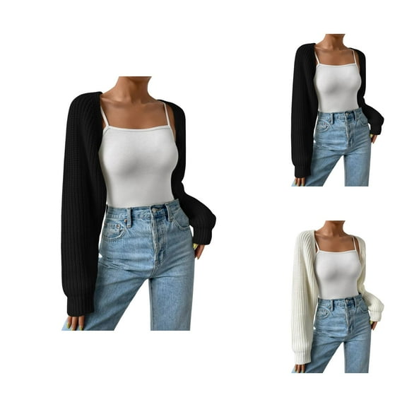 Bolero Shrug Cardigans for Women 2025 Long Sleeve Open Front Ribbed Knit Drop Shoulder Loose Fit Knit Cropped Cardigan