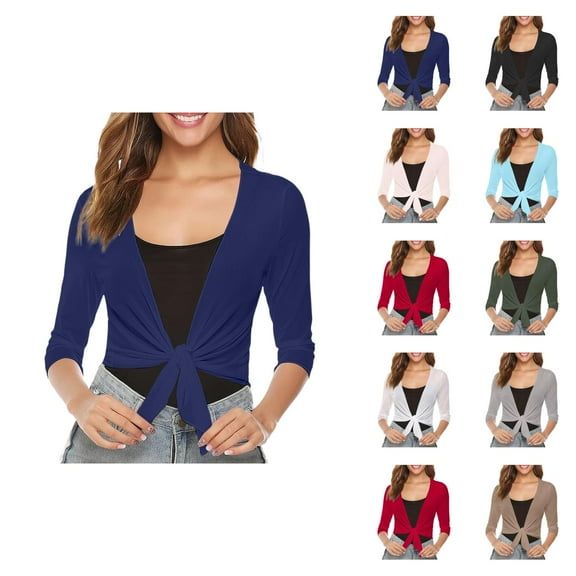 Bolero Shrug Cardigans for Women 2025 Summer Lightweight 3/4 Sleeve Sheer Mesh Tie Front Cropped Cardigan