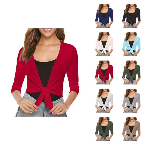 Bolero Shrug Cardigans for Women 2025 Summer Lightweight 3/4 Sleeve Sheer Mesh Tie Front Cropped Cardigan