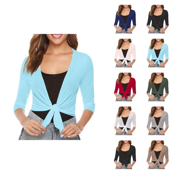 Bolero Shrug Cardigans for Women 2025 Summer Lightweight 3/4 Sleeve Sheer Mesh Tie Front Cropped Cardigan