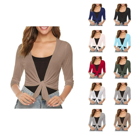 Bolero Shrug Cardigans for Women 2025 Summer Lightweight 3/4 Sleeve Sheer Mesh Tie Front Cropped Cardigan