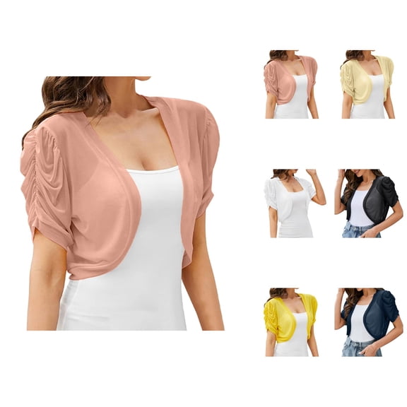 Bolero Shrug Cardigans for Women 2025 Summer Lightweight Short Pleated Sleeve Open Front Cropped Cardigan