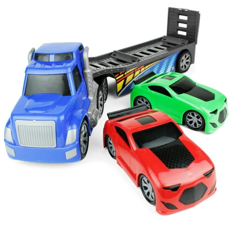 Boley Giant 26" Big Rig Truck Hauler Trailer with 2 Race Cars - Great Kids Truck Carrier Toy for Boys and Girls Who Love Vehicle Sets - Perfect As A Birthday Gift Party, Party Favor, and More!