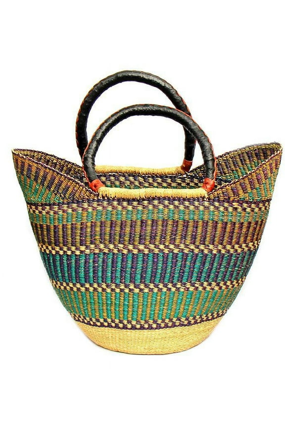 Bolga Tote Mixed Colors with Leather Handle 18 inch