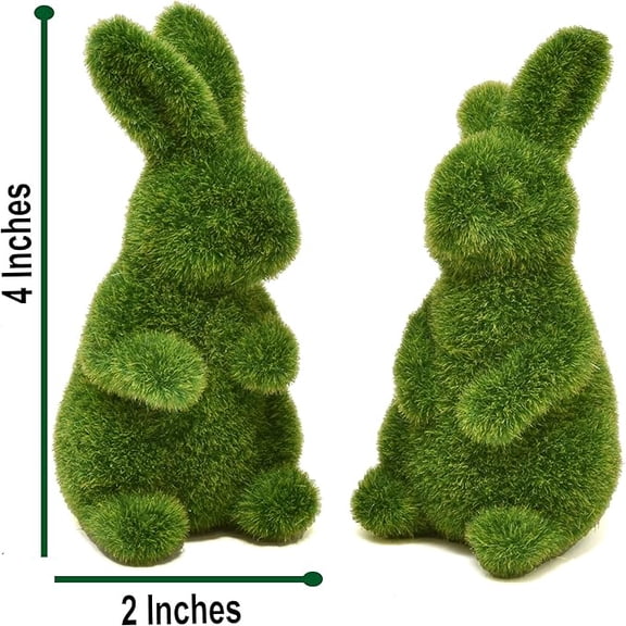 Boliang Gift Boutique Green Fuzzy Flocked Bunny Easter Spring Decor Set of 2pcs or 4pcs Rabbit Figurines Garden Artificial Animal Moss Statue for Indoor&Outdoor Table Home Kitchen Shelf Decorations
