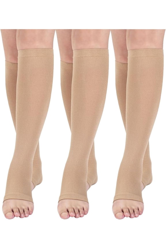 Open toe toeless Compression Socks 3 Pairs 15-20 mmHg Support Pregnancy, Running, Sports,Flight Travel, Support Stocking, Support Circulation, Shin Splints, Calf Recovery, Post Op, Knee High