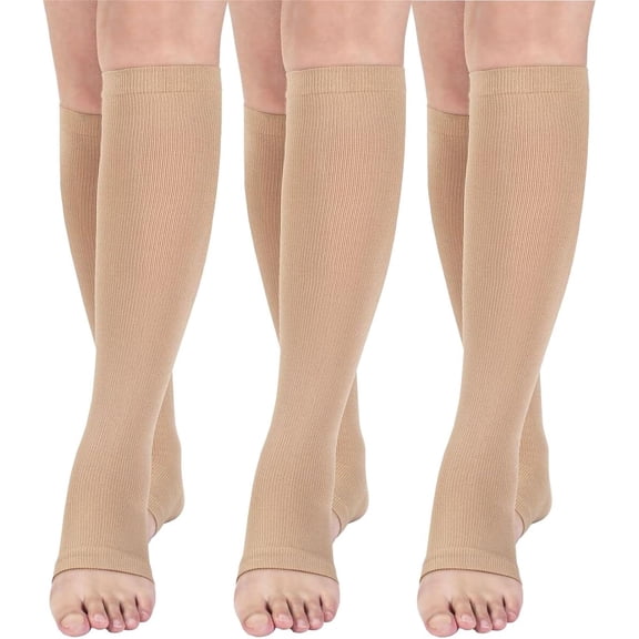 Boliang Open toe toeless Compression Socks 3 Pairs 15-20 mmHg Support Pregnancy, Running, Sports,Flight Travel, Support Stocking, Support Circulation, Shin Splints, Calf Recovery, Post Op, Knee High