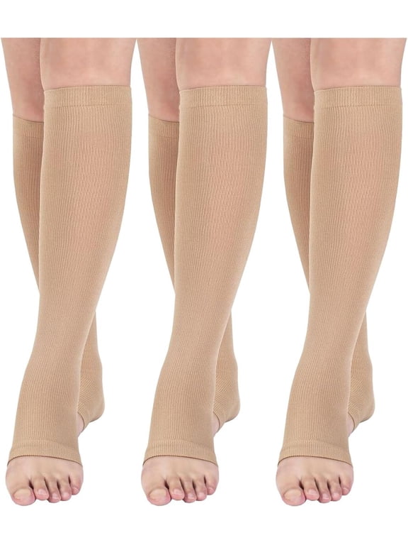 Open toe toeless Compression Socks 3 Pairs 15-20 mmHg Support Pregnancy, Running, Sports,Flight Travel, Support Stocking, Support Circulation, Shin Splints, Calf Recovery, Post Op, Knee High