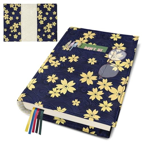 Bolimoss Cherry Blossom Canvas Book Cover Protector Sleeve with Bookmark, Adjustable Washable Double-Sided Floral Print Dust Jacket Cover