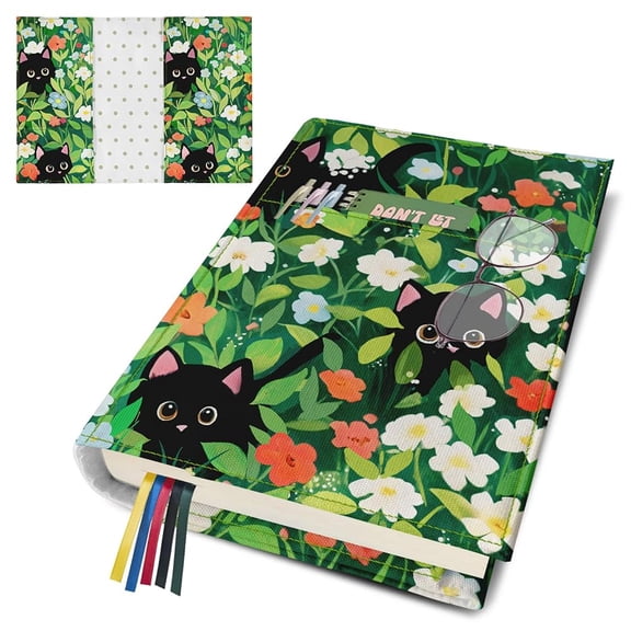 Bolimoss Cute Cat Floral Canvas Book Cover Protector Sleeve with Pocket Bookmark, Adjustable Washable Double-Sided Print Dust Jacket Cover