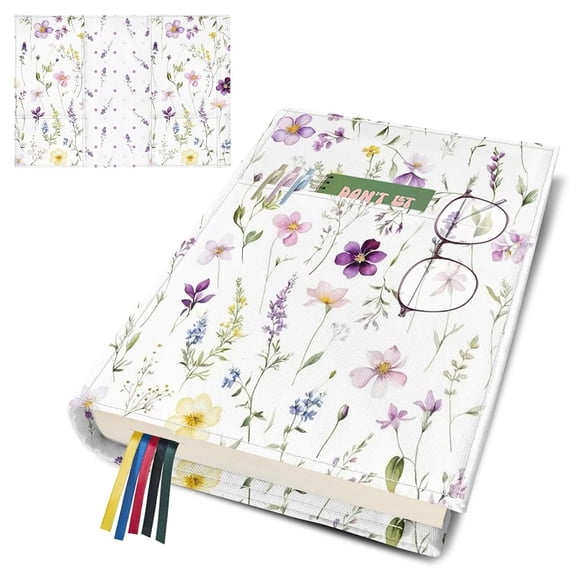 Bolimoss Flower Canvas Book Cover Protector Sleeve with Pocket Bookmark, Adjustable Washable Double-Sided Floral Print Dust Jacket Cover, Size S