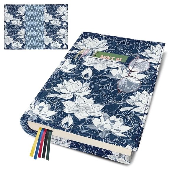 Bolimoss Lotus Flower Canvas Book Cover Protector Sleeve with Pocket Bookmark, Adjustable Washable Double-Sided Print Dust Jacket Cover, Size S