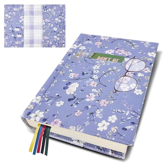 Bolimoss Purple Floral Canvas Book Cover Protector Sleeve with Pocket Bookmark, Adjustable Washable Double-Sided Print Dust Jacket Cover, Size S