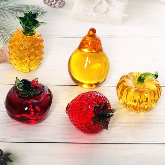 Hevirgo Faux Crystal Fruit Figurine Clear Glass Strawberry Pineapple Persimmon Lemon Banana Statue Sculpture Paperweight Desktop Decoration Ornament Christmas Gift