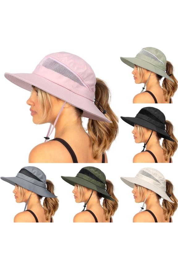 Summer Sun Hat Waterproof Wide Brim Bucket Hat UV Adjustable Outdoor Rain Hat with Ponytail Hole for Fishing Hiking Camping