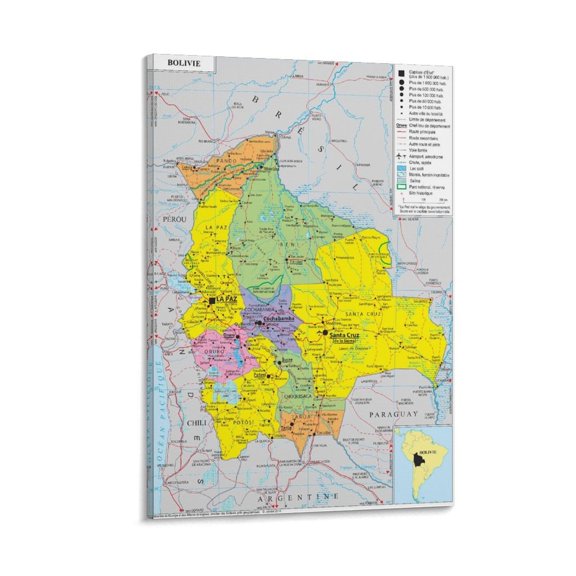 Bolivia Map Poster Wall Art Poster Scroll Canvas Painting Picture Living Room Decor Home 12x18inch(30x45cm)