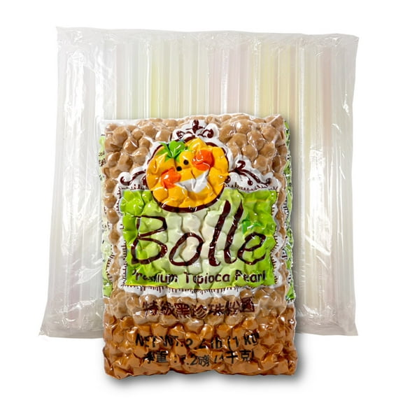 Bolle Boba Tapioca Pearls 2.2 lbs. with Karat Wide Straw Individually Wrapped 50 pieces