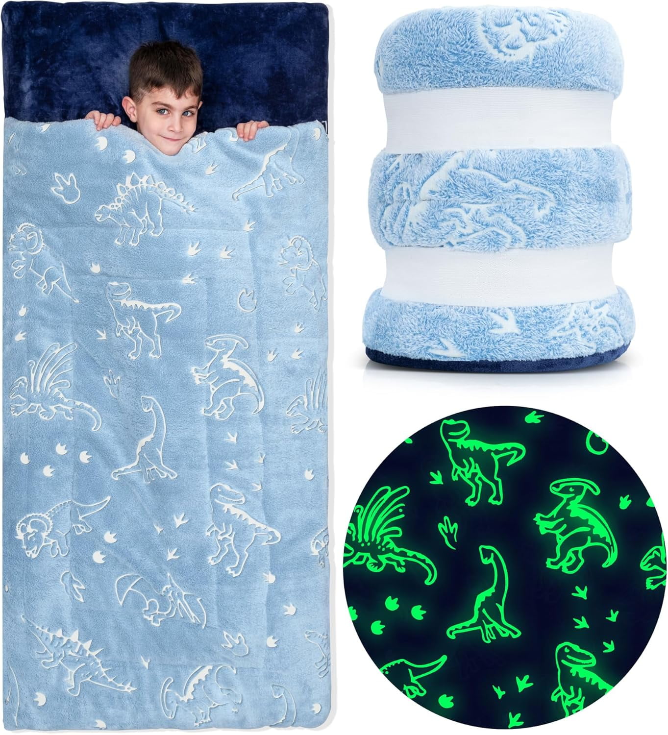 Sleeping Bag for Boys with Glowing Dinosaurs, Super Soft Sleep Bag for Boys (66'' x 33")