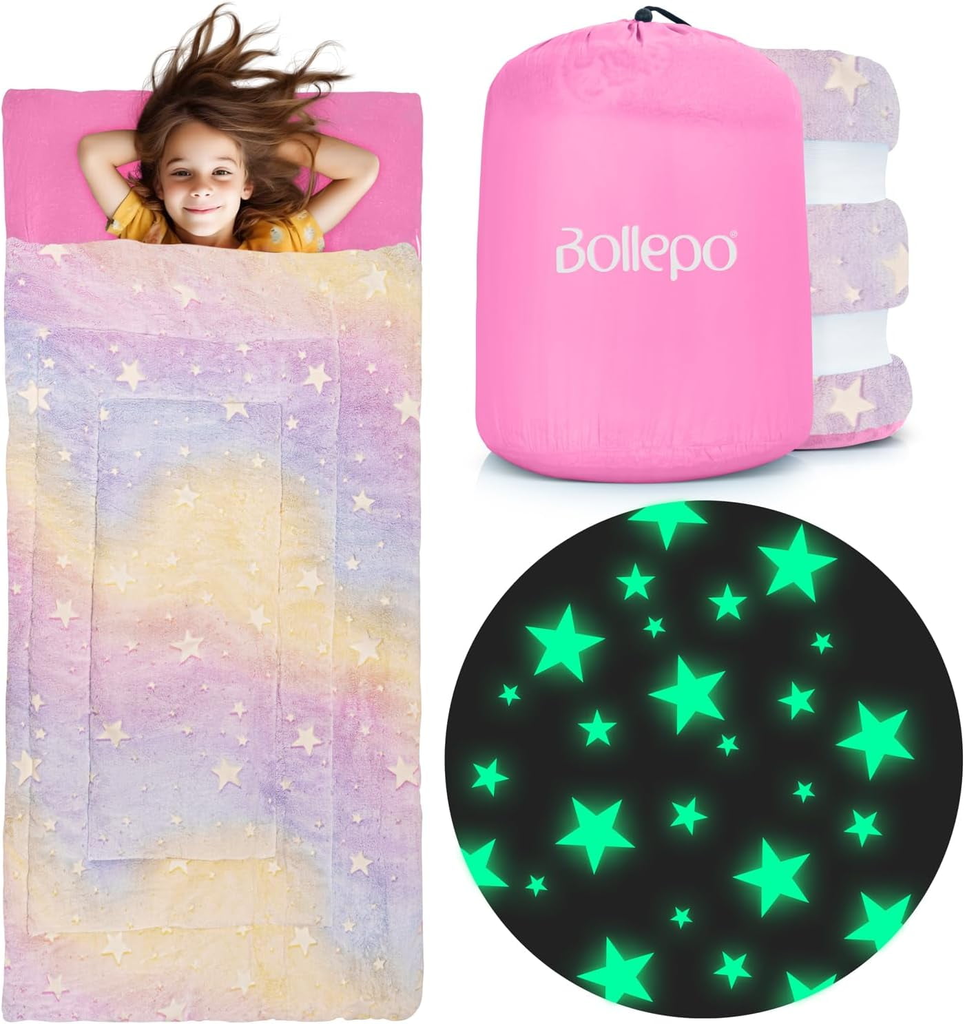 Bollepo Rainbow Glow Star Soft Toddler Sleeping Bags with Pillow Pocket