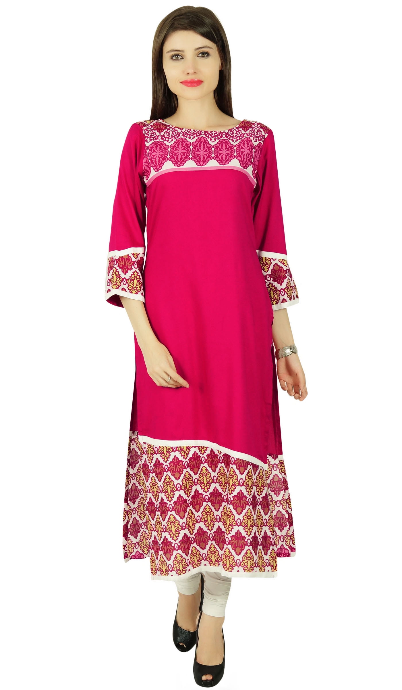Bollywood Damask Rayon Kurti — 3/4 Sleeve Ethnic Tunic Top For Women, Length 48"