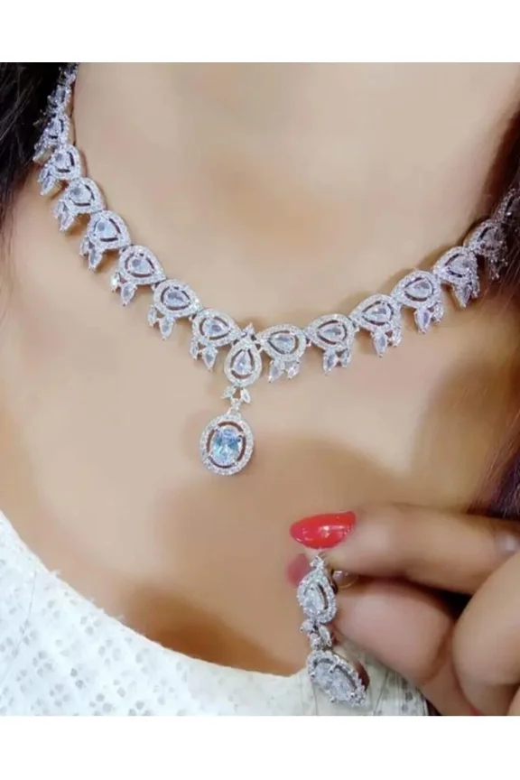 Bollywood Designer Indian Silver Plated AD CZ Necklace Jhumka Earring Choker Set