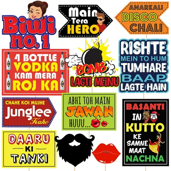 Bollywood Funny Photo Booth Props - 12 pc Photobooth Kit - Movie Night Supplies - Bollywood Party Decorations