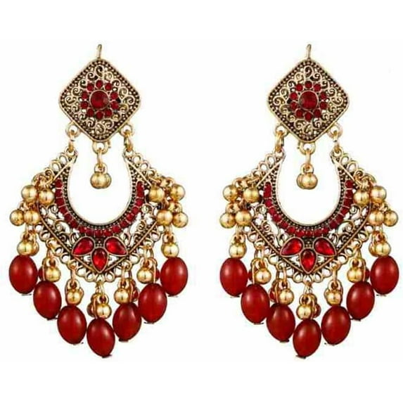 Bollywood Jhumka Earrings for Women Vintage Gold Plated Chandelier Drop Earring Hook Cubic Zirconia Beaded Design Dangle Tassel Statement Boho Indian Jewelry for Festival Wedding Holiday