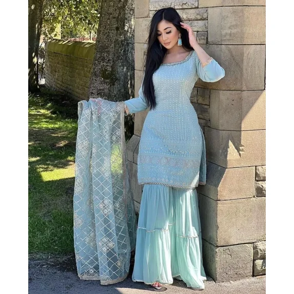 Bollywood Pakistani Sharara Suit Salwar Kameez Indian Wear Party Dress Palazzo Sky Blue Set 36