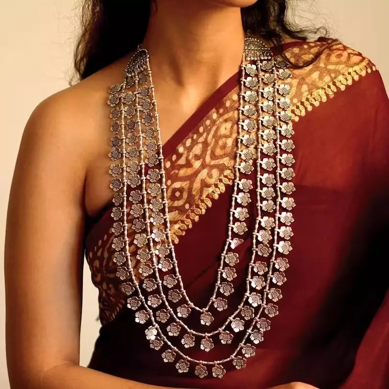 Navratri Ethnic Stylish Boho Silver Oxidised Chain Pendant Long Necklace Jewellery Set For Women & Girls