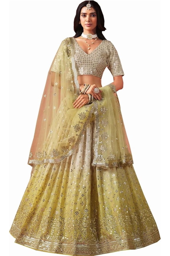 Bollywood Style Stitched Heavy Sequins Embroidery Work Pastel Party Wear Lehenga Choli ( Yellow, L - 42 )