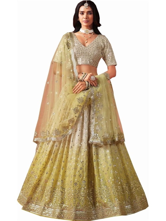 Bollywood Style Stitched Heavy Sequins Embroidery Work Pastel Party Wear Lehenga Choli ( Yellow, S - 38 )