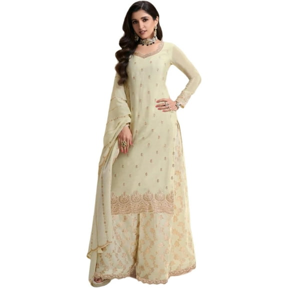 Bollywood Stylish Designer Pakistani Shalwar Kameez with Dupatta Suits Indian Ready to Wear Palazzo Dresses ( White, XS - 36 )