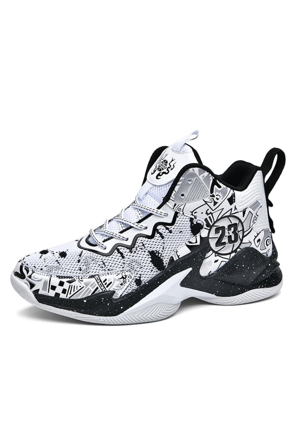 Men's High Top Basketball Shoes with Graffiti Style Breathable Mesh and Cushioned Midsole, Suitable for Indoor/outdoor Wear