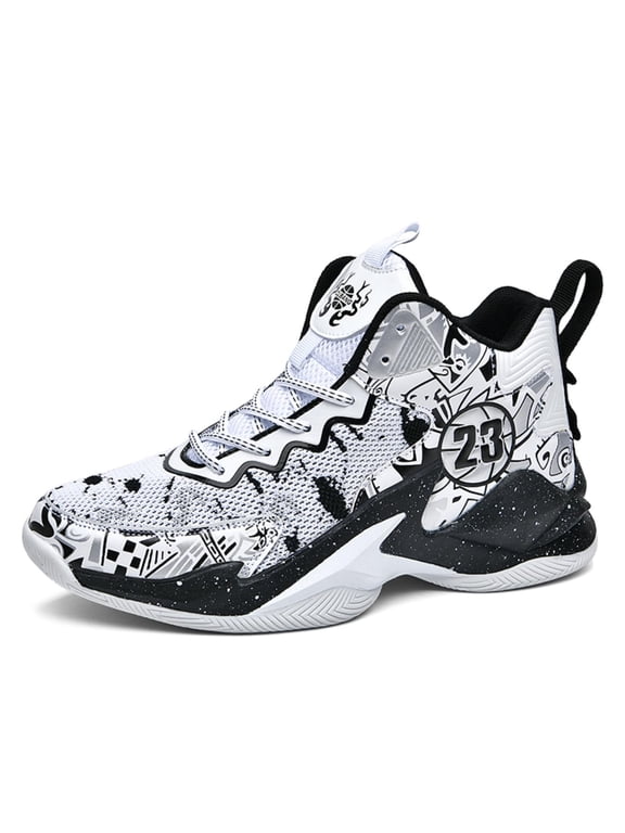 Men's High Top Basketball Shoes with Graffiti Style Breathable Mesh and Cushioned Midsole, Suitable for Indoor/outdoor Wear