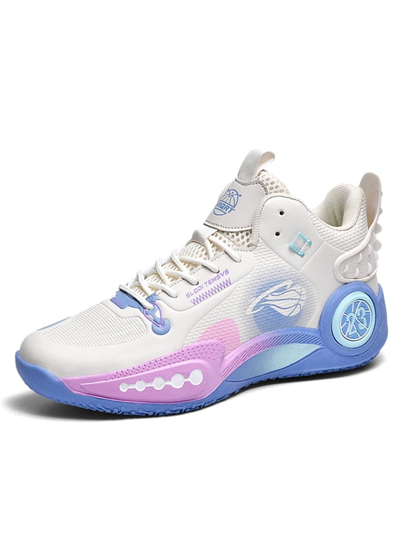 Men's Mesh Breathable Casual Lace-Up High-Top Basketball Shoes with Thick Sole, Lightweight, Non-Slip and Shock-Absorbing Sports - WHITE_9.5
