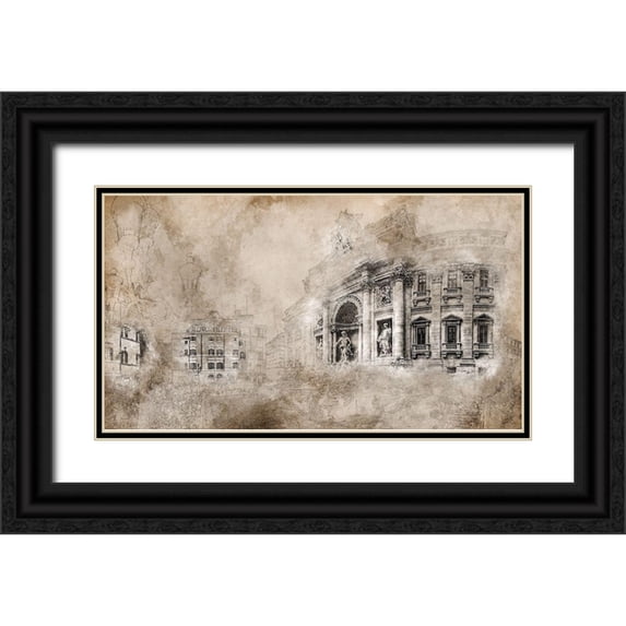 Bolokofsky, Ronald 18x12 Black Ornate Wood Framed with Double Matting Museum Art Print Titled - Vintage Fountain of Trevi