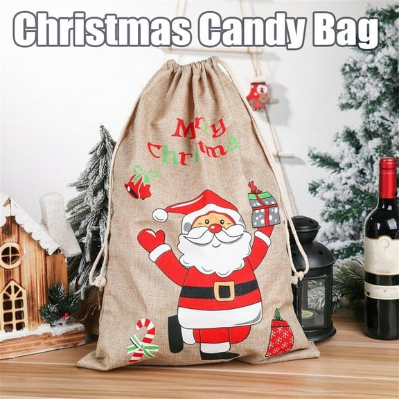 Bolsa de regalo de lino con estampado navideño, mochila de Papá Noel, bolsa de dulces