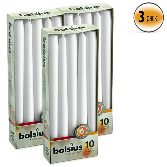 Bolsius 10 Inch White Taper 7.5 Hr Long Burning Unscented Candles Dripless - Smokeless Table Candle for Wedding, Spa, Party, Home Decoration - Pack of 30