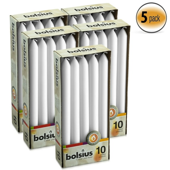 Bolsius 10" Tall White Unscented Tapered Dinner Household Candles for Wedding, Spa, Church, Party, Home Decoration - 7.5 Hours Slow Burning Table Candle - Pack of 50