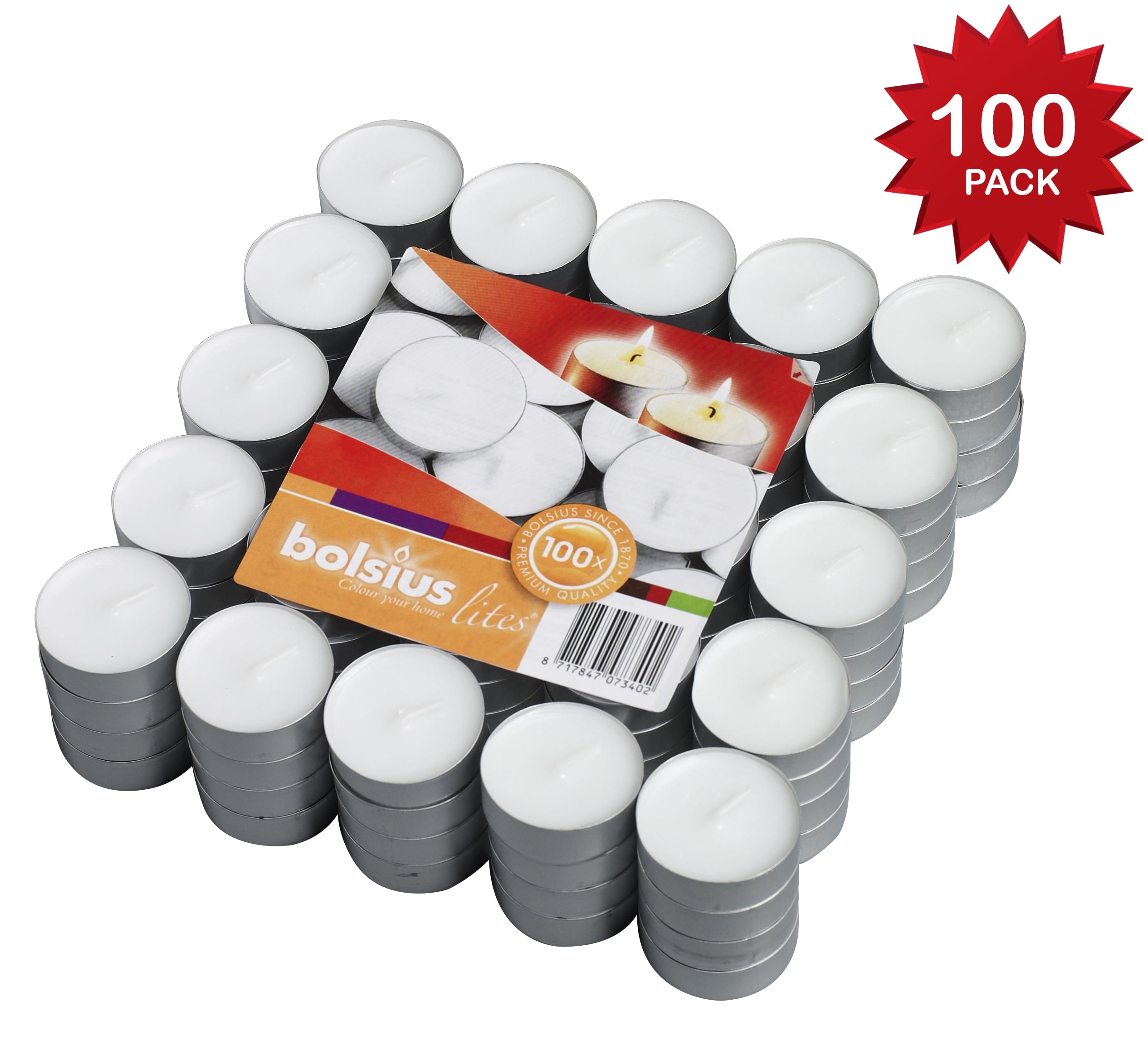 Bolsius 100 Pack Unscented White Tea light Candles Burns Aprx. 3.5 Hour