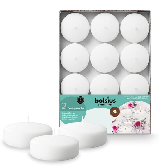 Bolsius 3 Inch Floating Candles for Centerpieces, 8 Hour Burn, 12 Set European Quality Unscented Wedding & Party White Candles