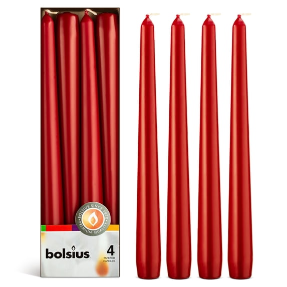 Bolsius Dark Red Taper Candles, 10" European Quality Dripless Unscented Candles, 8 Hour Long Candle Sticks, 4-Pack