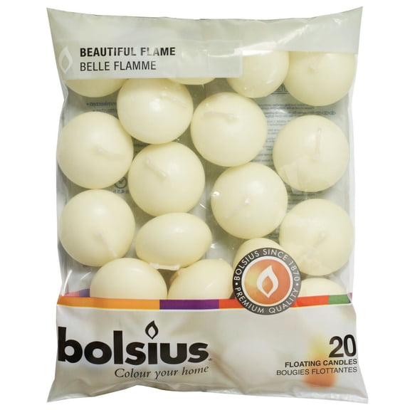 Bolsius Floating Candles for Centerpieces, 20 Pack Ivory Candle Set, 1.75 Inch, 4,5 Hour European Quality Unscented Wedding & Party Candles