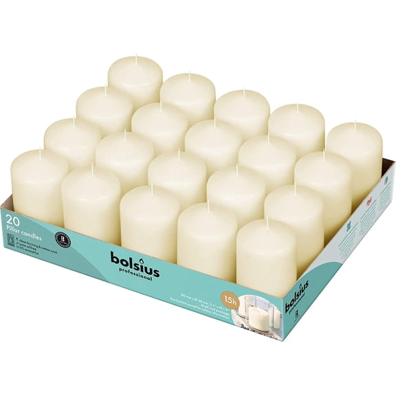 Bolsius Ivory Pillar Candles Unscented, 20 Pack, 2x3 Inch, 15 Hour Burn Time, Dripless & Smokeless
